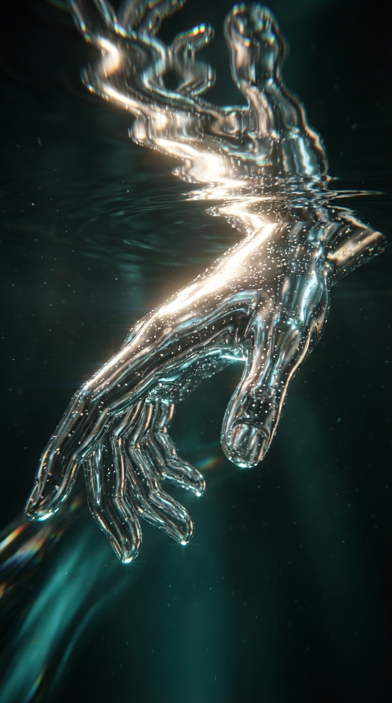 Ultra-cinematic macro shot of a chrome, liquid-metal human hand submerged just beneath a dark water surface. The hand is angled diagonally, fingers relaxed and slightly curled, covered in dense micro-sparkles like embedded stardust. Strong specular highlights ripple across the reflective metal skin. Above the hand, a distorted mirror reflection of the fingers shimmers on the water surface with wave refraction. Lighting is high-contrast and moody: cool teal ambient light from below, warm white highlights from above, creating prismatic glints and chromatic sparkle. Background fades to deep black-green void. Hyper-realistic materials, ultra-fine detail, cinematic depth, subtle motion distortion, surreal sci-fi luxury aesthetic. Shot on a virtual macro cinema lens, shallow depth of field, volumetric light scattering, physically accurate reflections. 9:16, high resolution, film-grade realism.