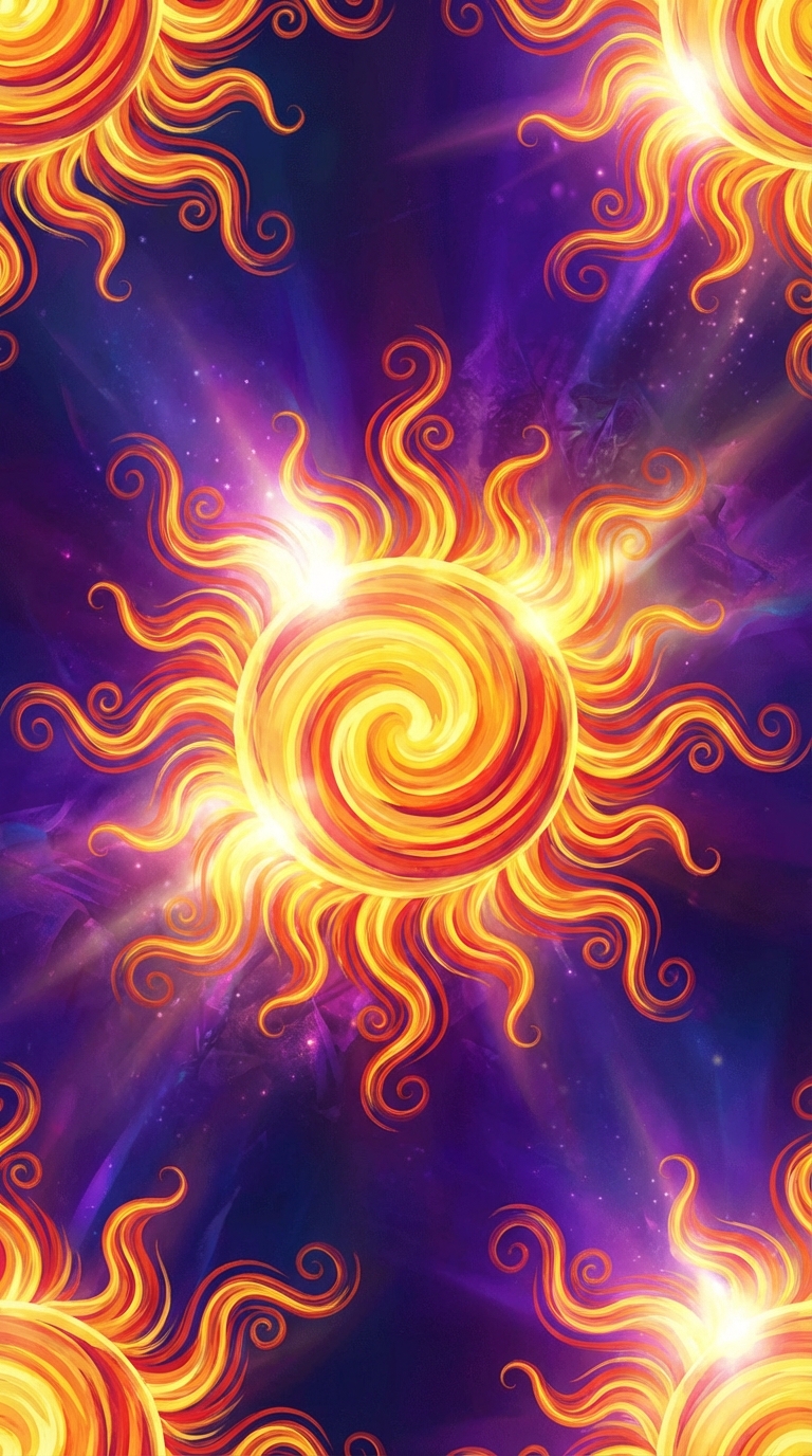 A vibrant and dynamic animation of the sun, with radiant yellow and orange hues bursting forth in a kaleidoscope of swirling patterns, textured rays and flames dancing across the surface in a hypnotic rhythm, set against a deep blue and purple background with subtle gradient shifts, mesmerizing abstract style reminiscent of psychedelic art with intricate details and layered textures, a sense of energetic movement and warmth emanates as if the sun is pulsing with life, in a seamless loopable sequence with a mix of smooth and explosive transitions, blending digital painting styles with bold expressive brushstrokes, glowing effects, and radiant light blooms, evoking a captivating and immersive visual experience.