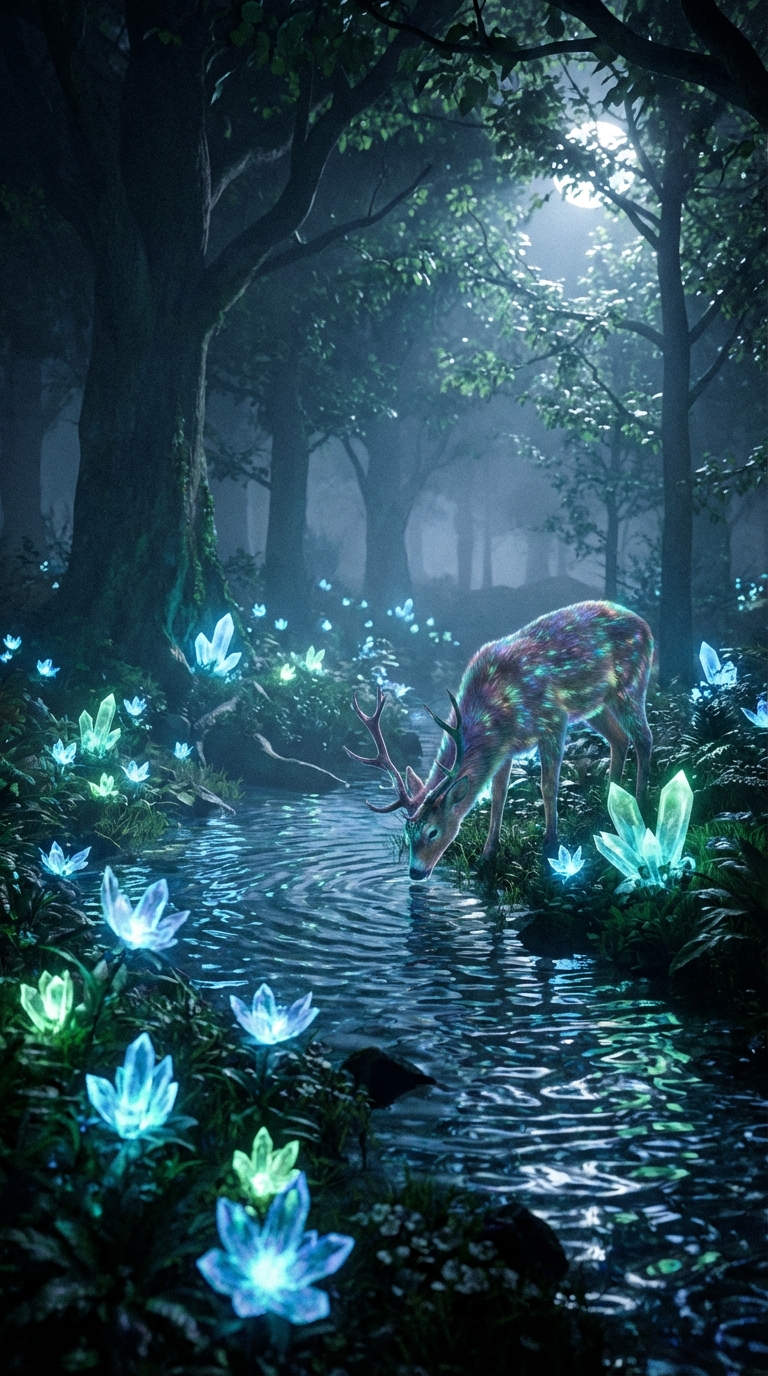 The crystal flowers glow softly, water ripples gently, and the deer's fur shimmers as the moonlight dances across the scene.