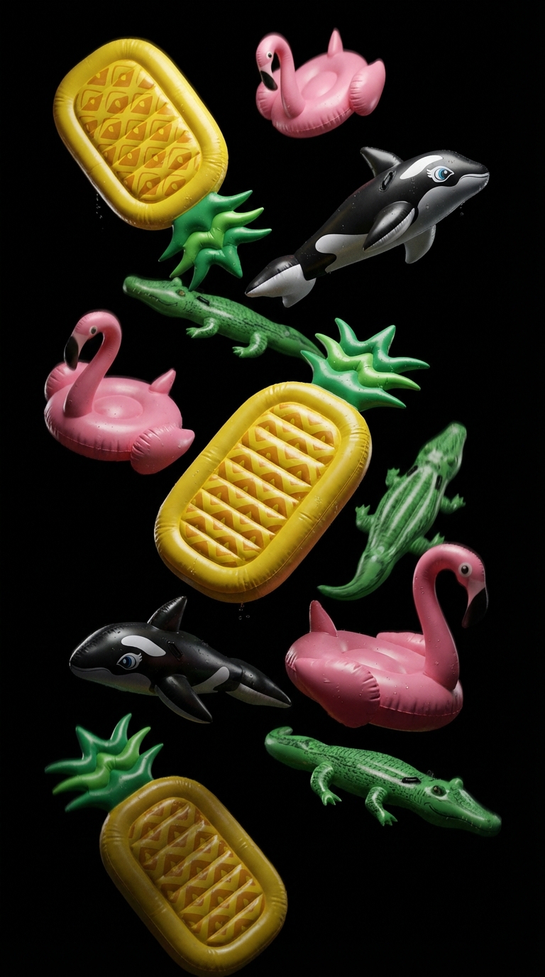 Ten pool floats of different styles (pineapples, flamingos, orcas, crocodiles) falling from the sky against a deep black background. Ultra-detailed, hyper-realistic, full detail, high resolution. Realistic materials and textures, inflatable plastic with glossy reflections, dynamic motion captured mid-fall, dramatic lighting, sharp focus, cinematic composition.