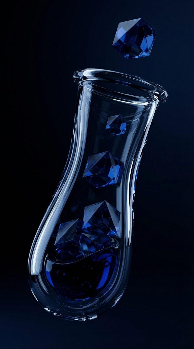 Abstract 3D distorted in glass and chrome, dark studio lighting, 8k render, octane render, minimal, sophisticated, monochromatic with slight blue tint