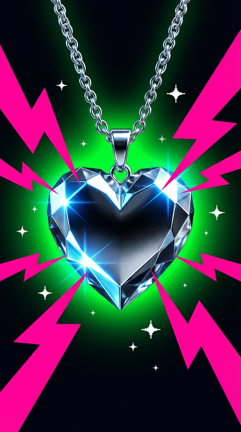 Hyper-stylized studio artwork of a metallic crystal heart pendant hanging from a silver chain, centered composition. Faceted chrome surface with sharp reflections, high specular highlights, cold steel texture. Background: deep black with neon green glow haze. Surrounding the heart: aggressive hot-pink lightning bolt shapes radiating outward, flat graphic vector style, high contrast. Small white sparkles and star glints floating in space. Cyberpunk pop-art aesthetic, Y2K rave energy, glossy, ultra-sharp focus, dramatic lighting, no text, no people, 16:9, cinematic framing, high saturation