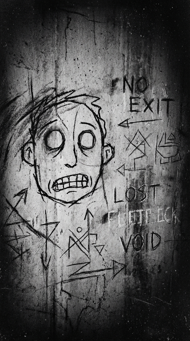 High-contrast monochrome grunge illustration. Rough charcoal and chalk texture on concrete wall. Abstract street-art aesthetic. Distressed noise, scratches, dust, film grain. Primitive hand-drawn elements: crude cartoon face with hollow eyes and clenched teeth, uneven outlines. Fragmented symbols and arrows scratched into surface. Dark vignette, heavy shadows, low-key lighting. Subtle surreal mood, ominous, raw, underground zine style. Imperfect composition, asymmetrical balance. Text appears hand-carved or chalked, partially erased, worn, uneven lettering. Analog decay, photocopy artifacts, lo-fi horror editorial feel. No color, pure black, white, and deep gray. Static, gritty, unsettling atmosphere suitable for experimental video sequence.