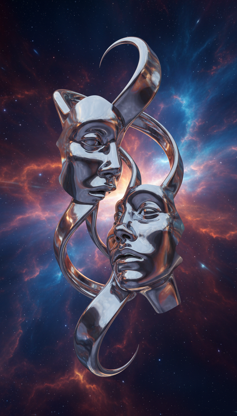 “A striking 3D digital artwork showcasing two abstract chrome‑metallic faces, their features elongated and surreal, intertwined in an intricate dance against a backdrop of swirling nebulae. The metallic surfaces exhibit a mesmerizing, liquid mercury effect, refracting the cosmic colors with stunning realism. The artwork emphasizes fluid, organic forms, contrasted against the sharp, cold beauty of polished metal
